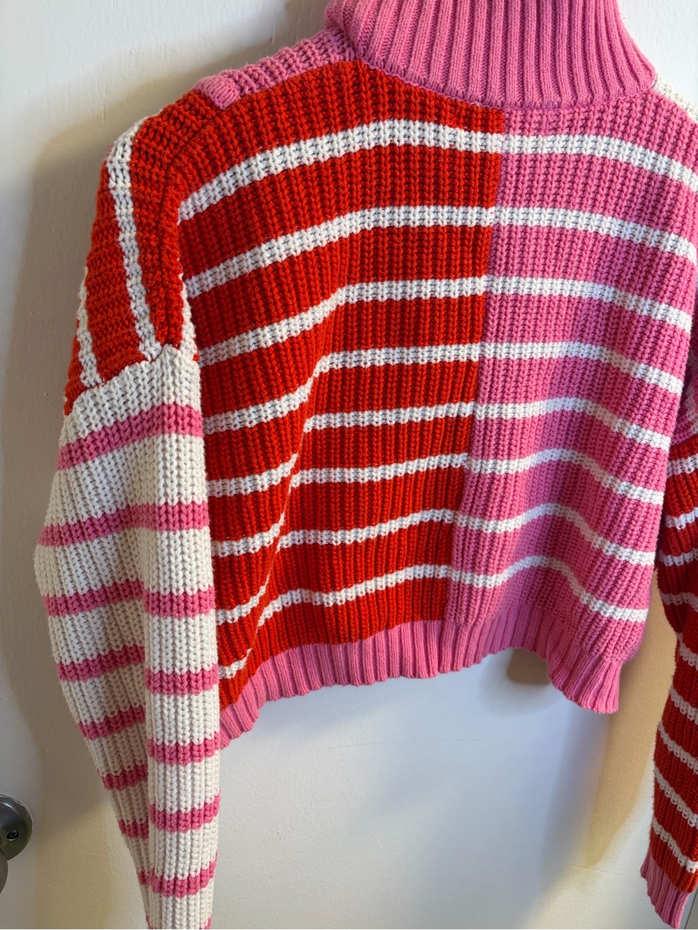 Altar’d State Pink Red Striped Quarter Zip Sweater M Cropped Colorblock Knit - Picture 9 of 15